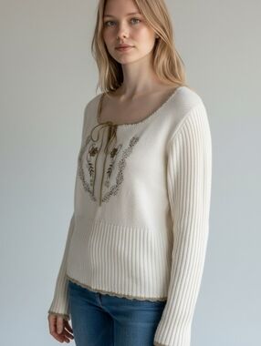 Nwt! NOMI Boho Front Tie Scoop-Neck Embroyded Sweater, Cream